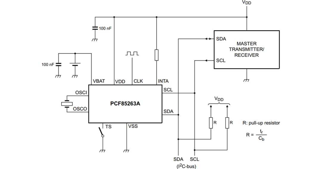 Schema di circuito di applicazione - NXP Semiconductors Minuscolo orologio/calendario in tempo reale PCF85263A