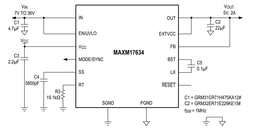 Schema a blocchi - Analog Devices Inc. Moduli di potenza MAXM17633, MAXM17634, MAXM17635