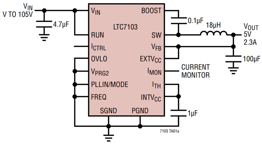 Schema di circuito di applicazione - Analog Devices Inc. Regolatore step-down sincrono a basse EMI LTC7103