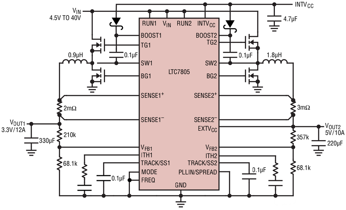 Schema di circuito di applicazione - Analog Devices Inc. Controller a step-down sincrono LTC7805