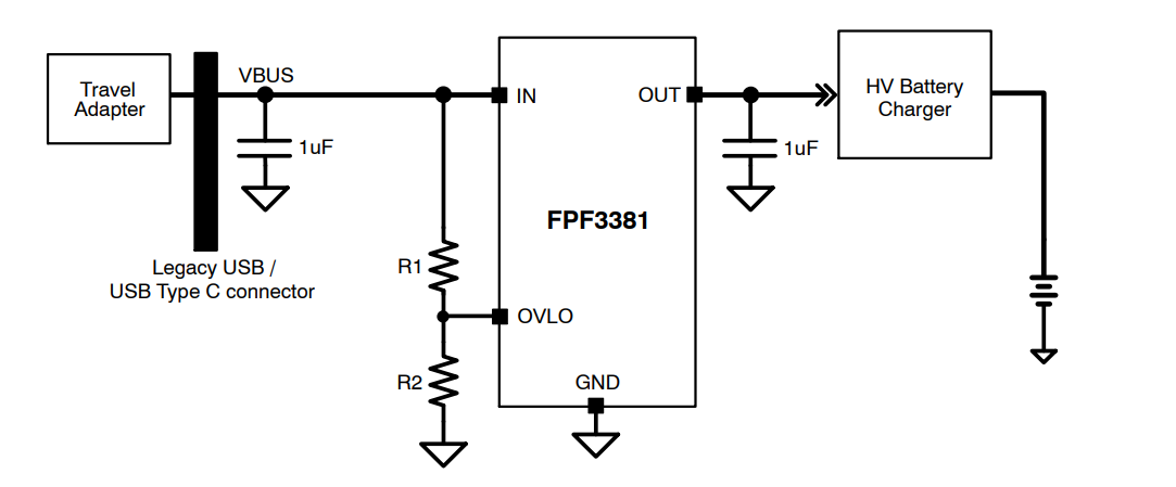 Schema di circuito di applicazione - onsemi Interruttore di carico con protezione da sovratensione FPF3381