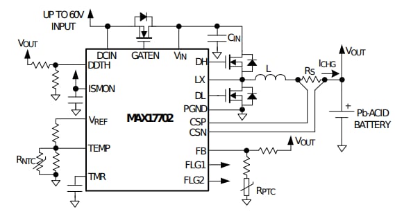 Schema di circuito di applicazione - Analog Devices / Maxim Integrated Controller caricabatterie MAX17702