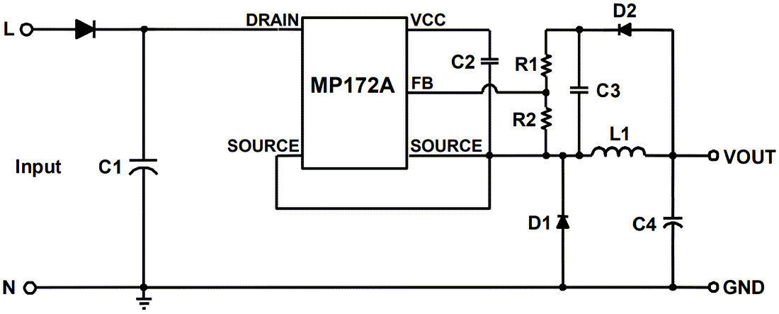 Application Circuit Diagram - Monolithic Power Systems (MPS) MP172A Non-Isolated Offline Regulator