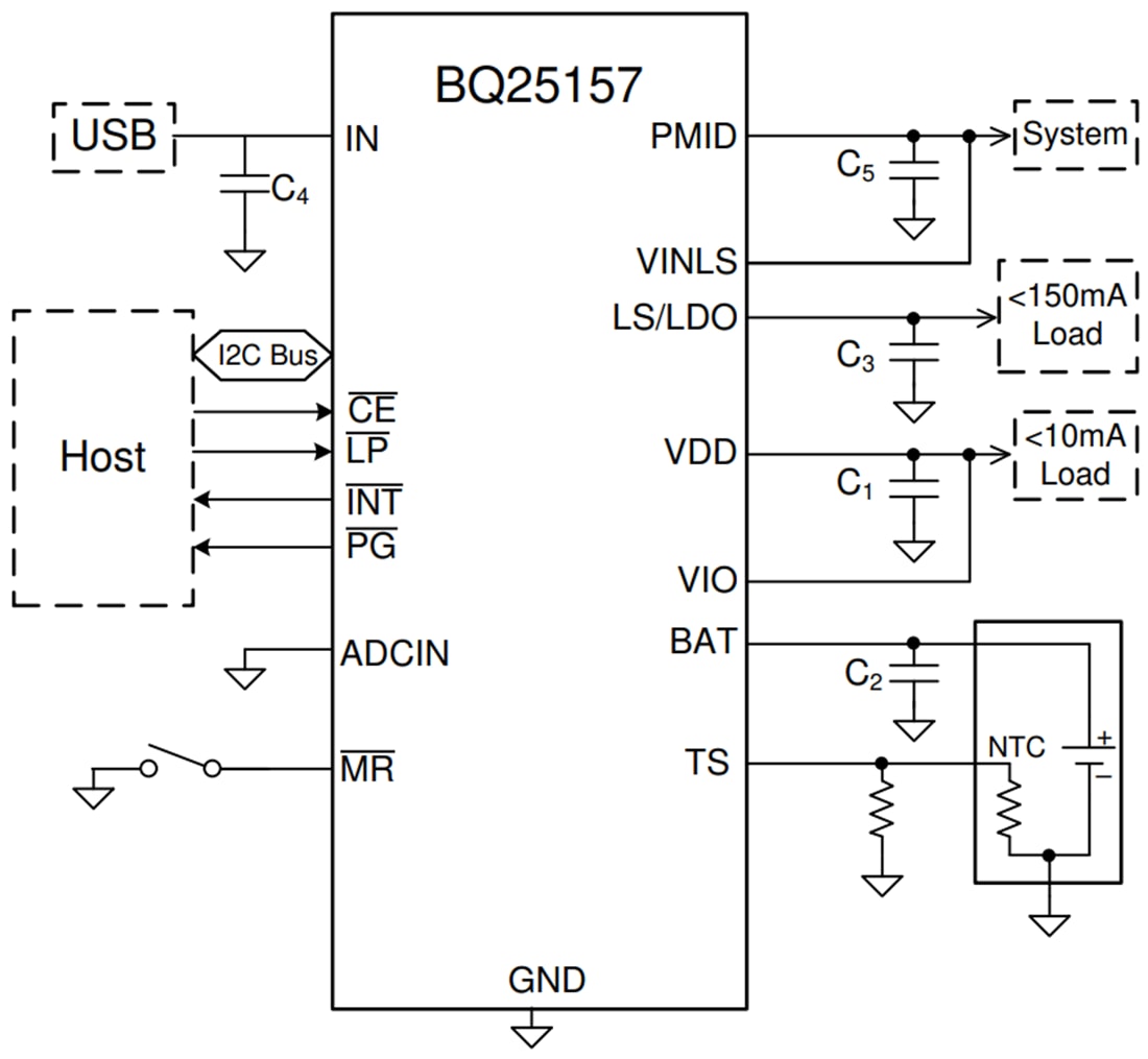 Schema - Texas Instruments Caricabatterie lineare a 1 cella bq25157