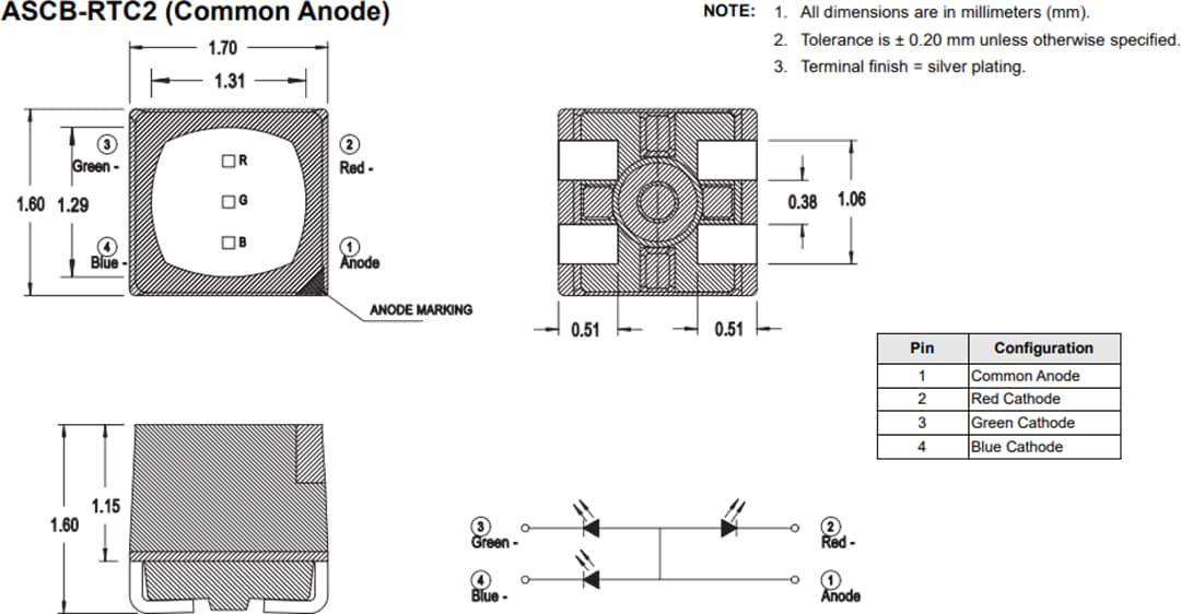 Disegno meccanico - Broadcom LED ASCB-RTCx a tre colori PLCC-4