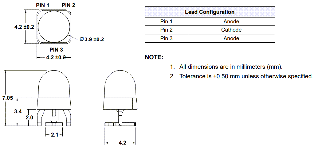 Disegno meccanico - Broadcom LED AEMD-Cx2L