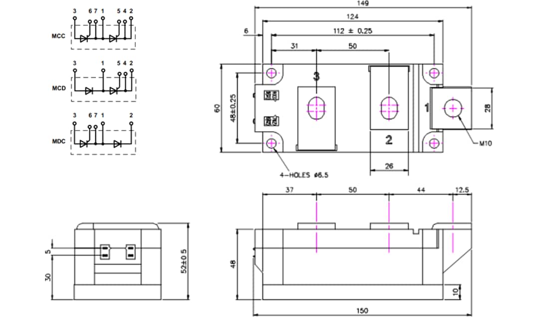 Disegno meccanico - IXYS Moduli tiristori doppi Mxx501 Disegno meccanico - IXYS Moduli tiristori doppi Mxx501