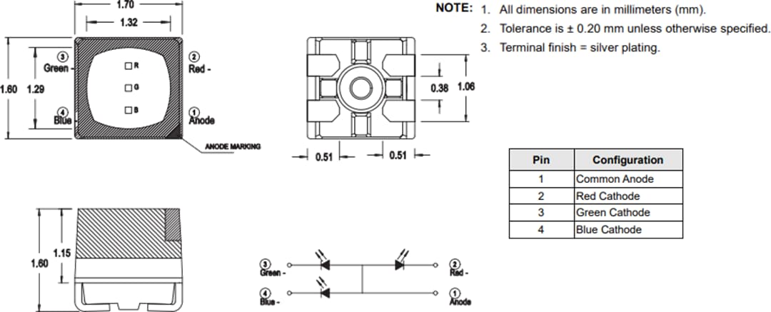 Disegno meccanico - Broadcom LED ASCB-RTF2 a tre colori PLCC-4