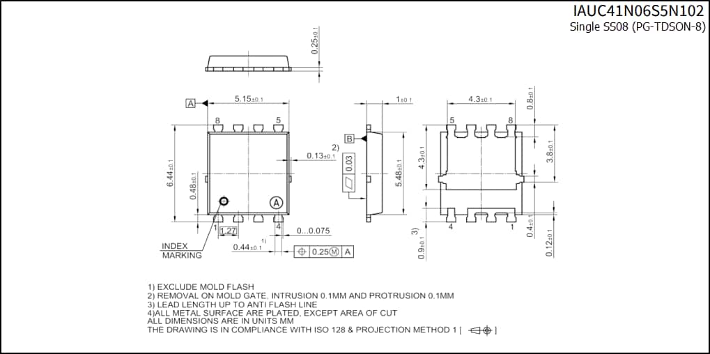 Disegno meccanico - Infineon Technologies MOSFET OptiMOS-5 per autoveicoli da 60 V IAUZ4xN06S5 Disegno meccanico - Infineon Technologies MOSFET OptiMOS-5 per autoveicoli da 60 V IAUZ4xN06S5