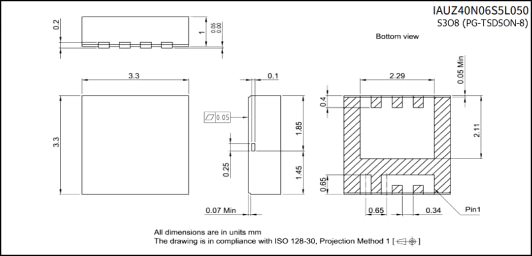 Disegno meccanico - Infineon Technologies MOSFET OptiMOS-5 per autoveicoli da 60 V IAUZ4xN06S5 Disegno meccanico - Infineon Technologies MOSFET OptiMOS-5 per autoveicoli da 60 V IAUZ4xN06S5