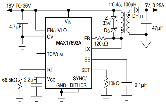 Analog Devices / Maxim Integrated Convertitori Flyback senza isolamento ottico MAX17693