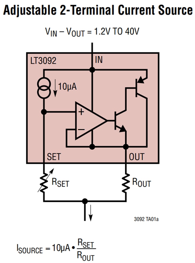 Schema di circuito di applicazione - Analog Devices Inc. Sorgente di corrente a 2 terminali programmabile LT3092