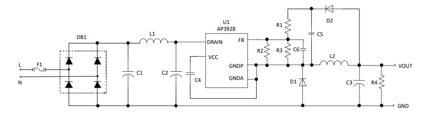 Schema di circuito di applicazione - Diodes Incorporated Commutatore di alimentazione step-down CA universale AP3928