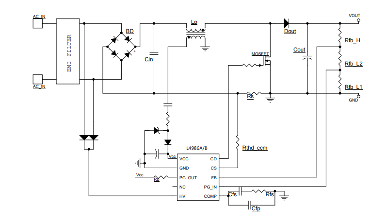 Schema di circuito di applicazione - STMicroelectronics Controller CCM PFC L4986