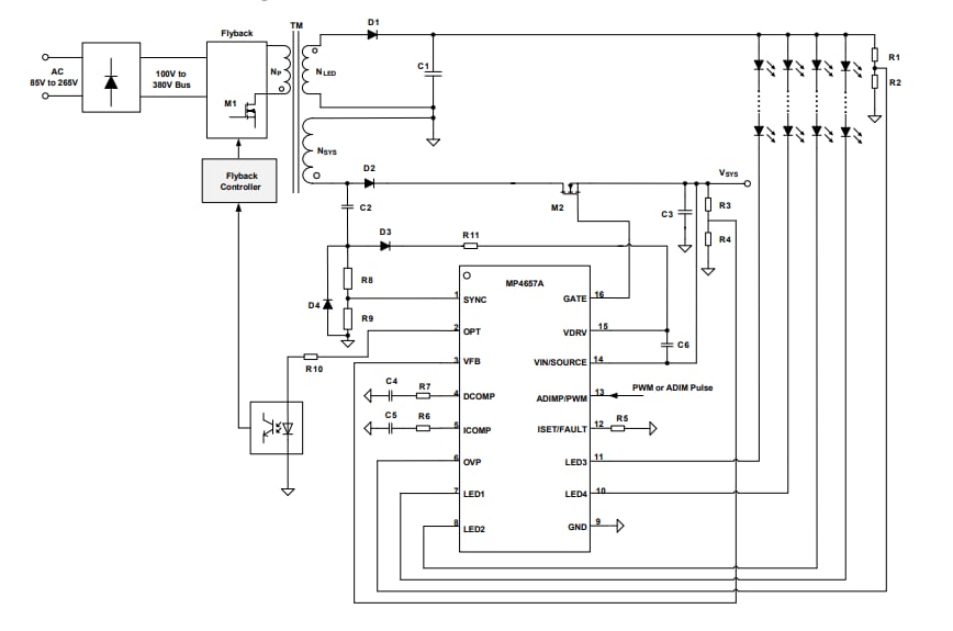 Application Circuit Diagram - Monolithic Power Systems (MPS) MP4657A LED Driver & System Voltage Controllers