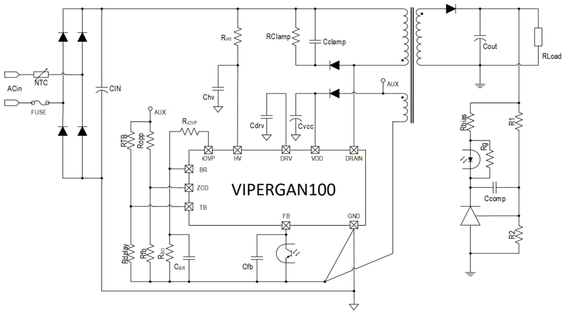 Schema di circuito di applicazione - STMicroelectronics Convertitori ad alta tensione offline VIPerGaN100