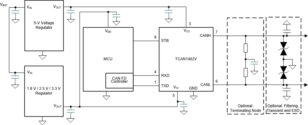 Schema di circuito di applicazione - Texas Instruments Ricetrasmettitori SIC CAN FD per il settore automobilistico TCAN1462x-Q1 Schema di circuito di applicazione - Texas Instruments Ricetrasmettitori SIC CAN FD per il settore automobilistico TCAN1462x-Q1