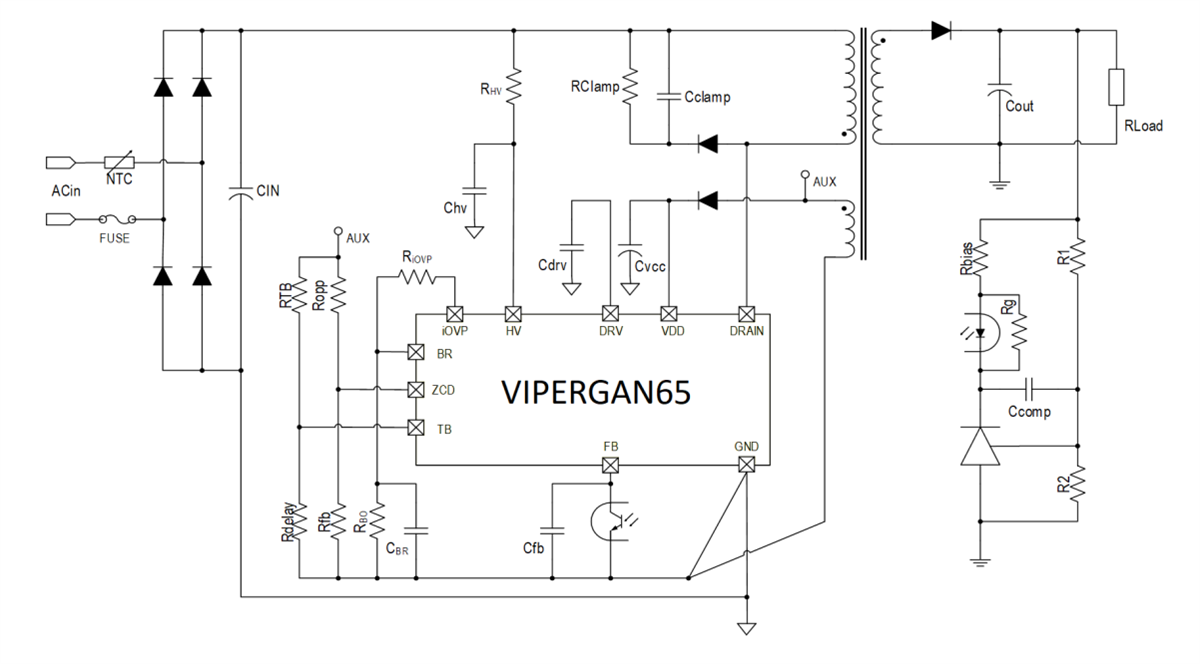 Schema di circuito di applicazione - STMicroelectronics Convertitore ad alta tensione VIPERGAN65