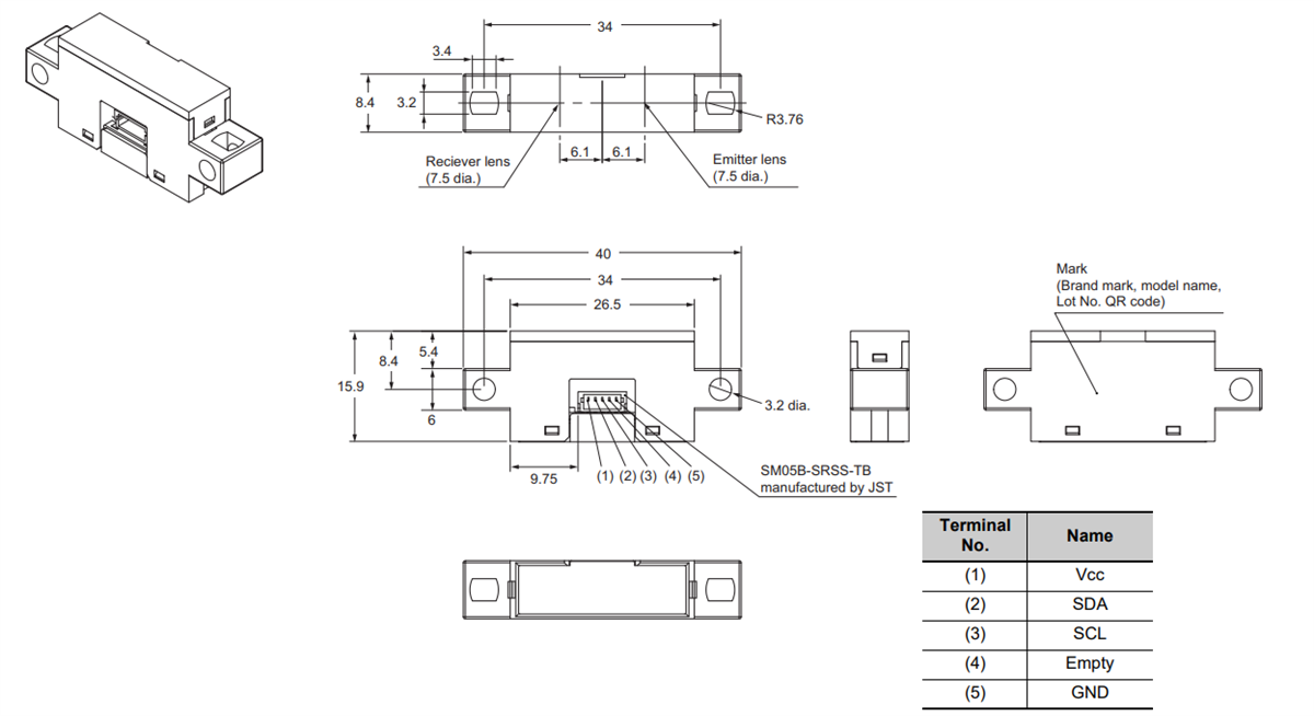 Disegno meccanico - Omron Electronics Sensore di colore B5WC