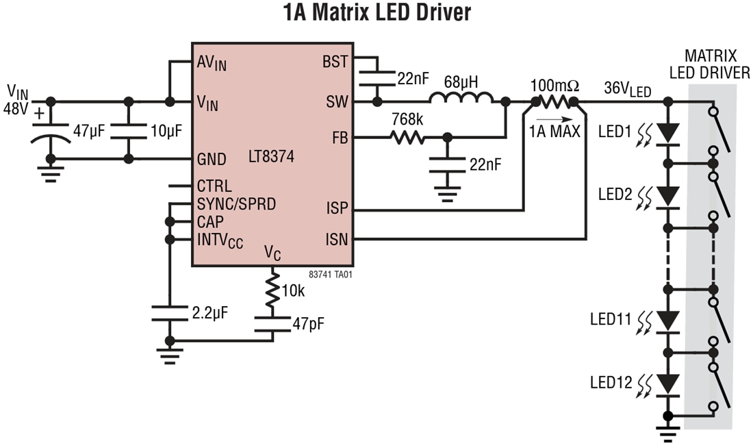 Schema di circuito di applicazione - Analog Devices Inc. LT8374 Ripristino sincrono Step-Down driver LED Schema di circuito di applicazione - Analog Devices Inc. LT8374 Ripristino sincrono Step-Down driver LED