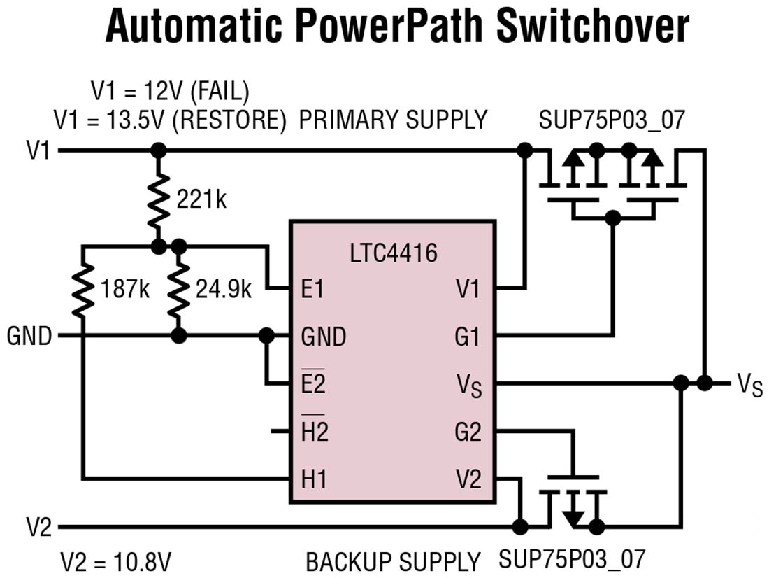 Schema di circuito di applicazione - Analog Devices Inc. Controller LTC4416/LTC4416-1 Dual PowerPath™