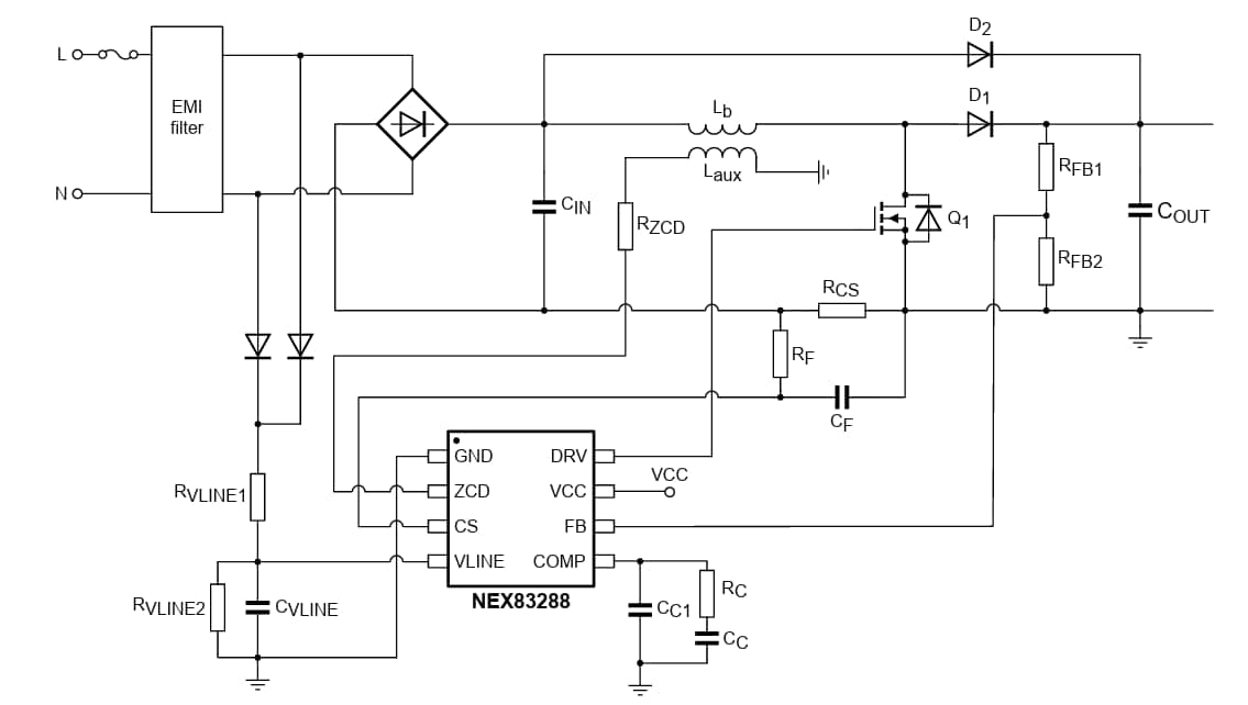 Schema di circuito di applicazione - Nexperia Controller PFC (Power Factor Correction) NEX8x88