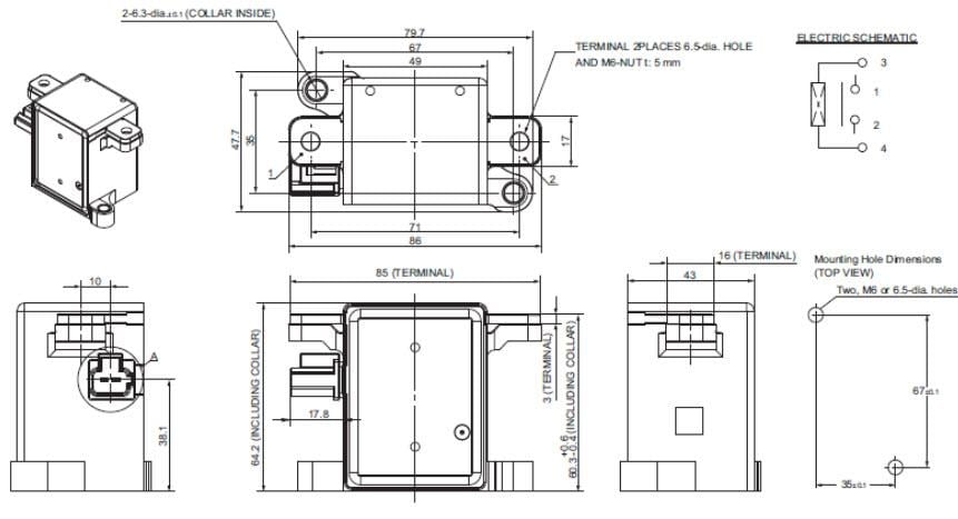 Disegno meccanico - Omron Electronics Relè di potenza CC G9EK-1-E