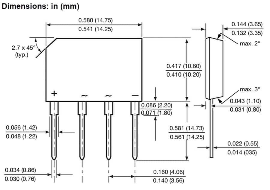 Disegno meccanico - Vishay Semiconductors Raddrizzatore a ponte monofase in linea KBPE0480
