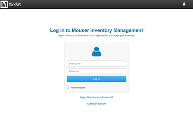 Schermata di accesso a Inventory Management di Mouser