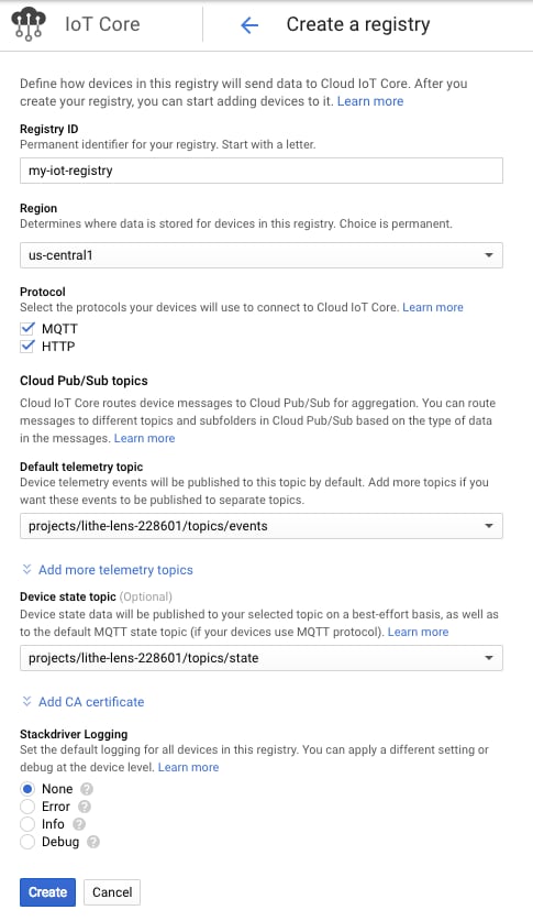 IoT Core device registry settings