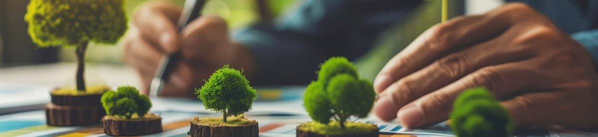 la mano di una persona che scrive su un documento con una penna, mentre sul tavolo davanti a lei sono posizionati piccoli alberi in vaso