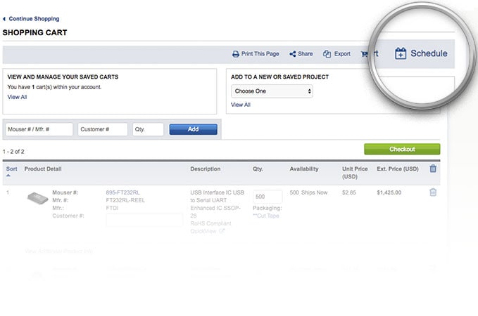 Pulsante di programmazione dell'ordine evidenziato nella pagina del carrello della spesa.