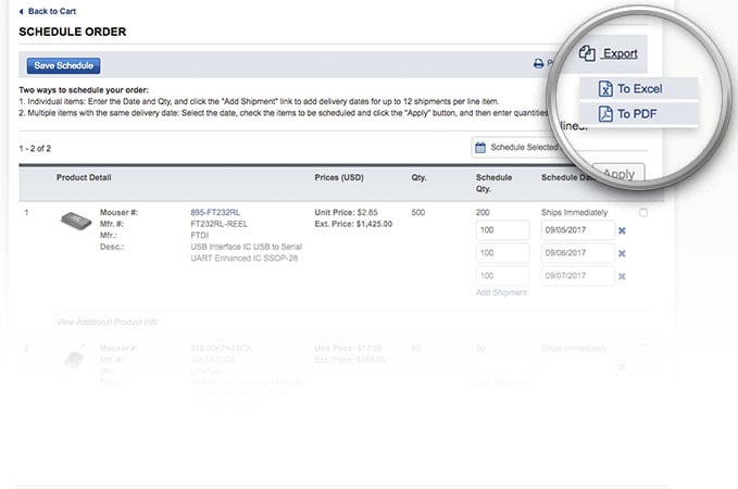Opzioni di esportazione nel menu a tendina sulla pagina di esportazione dell'ordine.
